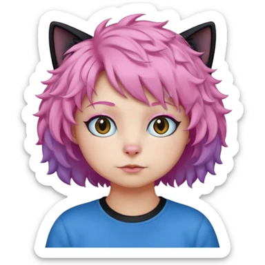 a Black cat wearing a short curly pink hair wig, blue T-shirt sticker