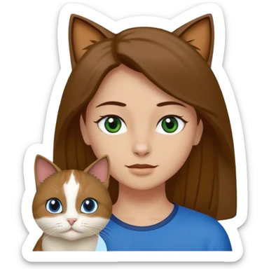 Crea un emoji donde salga un chico de pelo moreno con los ojos claros, una chica de pelo morena con los ojos marrones y UN gato europeo comun de pelaje oscuro y ojos verde claro, quiero que se esten abrazando el chico y la chica, y el gato este en el medio de los dos sticker