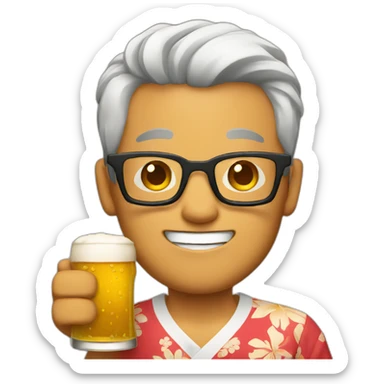 Japanese wearing glasses alohashirt is holding beer sticker