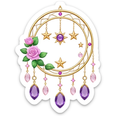 Epic beautiful gorgeous cute gold suncatcher, threads with shiny sparkly amethyst and rose-quartz gemstones, flowers, crescents-moons, stars, leaves sticker