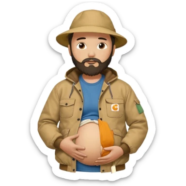 Bearded man rubbing pregnant belly poking out of shirt wearing a tan canvas carhartt jacket with  chinese hat on sticker