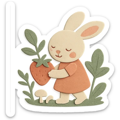 Keep the bunny picking strawberries in the woods with sweet pastel red and soft pastel colors in paper-craft style. Change the background to transparent while keeping all other design elements unchanged. sticker