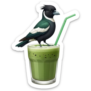 It’s an Australien Magpie sitting on an iced matcha latte on the edge of the glass. It has green matcha on its beak indicating it drank. The iced matxha latte is in a see through glass and white from the oat milk on the bottom and green on top…and there is a straw in the drink and ice cubes sticker
