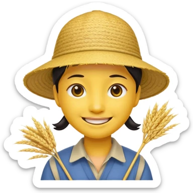 Yellow emoji smiley face with stereotypical Chinese facial features and rice farmer hat sticker