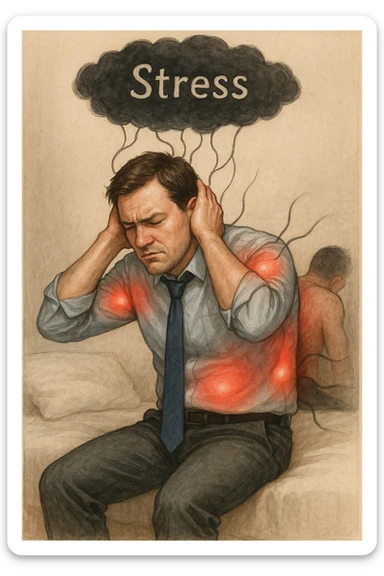 Uomo tra i 30 e i 40 anni in abiti da ufficio, seduto su una sedia o sul letto, con mani sul collo o sulla testa, visibilmente stressato. Attorno al corpo si vedono aree evidenziate di dolore (spalle, stomaco, schiena) rappresentate da leggere sfumature rosse o pulsanti. Sopra la sua testa, una nuvola scura con la parola 'Stress' scritta dentro, collegata al corpo con fili o nervi tesi. L'espressione dell’uomo è di frustrazione ma anche convinzione: crede che sia solo lo stress. Stile realistico con accenti simbolici psicofisici sticker
