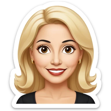 Professional portrait of Linette Torres, Puerto Rican actress in her 50s with light skin, age-appropriate features, charismatic expression, bright eyes, beautifully shaped eyebrows, charming smile, elegant blonde hair, wearing a classic black top sticker