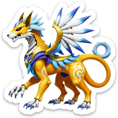 Colorful Skeletal masked armored Solgaleo-Raikou-Pokémon-Digimon-Fakémon-fusion-hybrid-creature, full body sticker