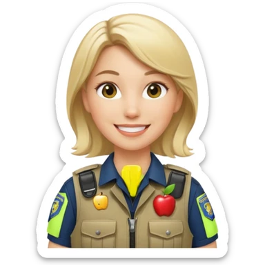 white female cop, khaki tactical vest, apple emoji style, friendly expression sticker