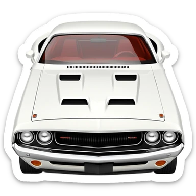 Solid white 1971 Dodge Challenger viewed from 30-degree angle, showcasing front grille and side profile, completely white paint job, Death Proof movie car, iOS emoji style sticker