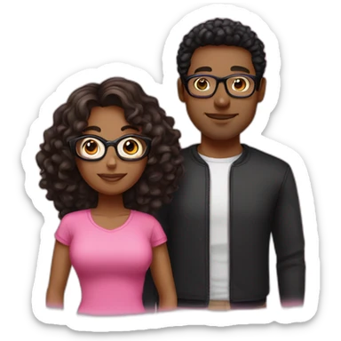Woman with long brown hair dressed with a pink shirt and man with short and curl black  hair, glasses and a black tshirt sticker