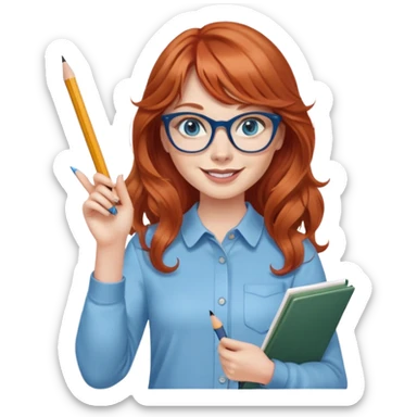 redheaded woman with very long wavy hair and bangs, blue eyes, clear cat-eye glasses, casual chic outfit, holding a pencil, smiling, waving sticker