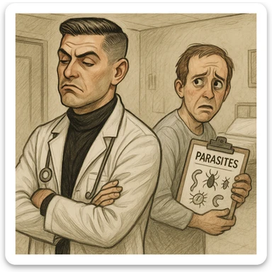 Create a semi-realistic or expressive style image of a male doctor inspired by the reference image, wearing a white coat. The doctor is turning away from a patient holding a chart with parasites, showing an indifferent or dismissive face. The patient looks concerned. The setting is clinical. The mood is ironic and critical. sticker