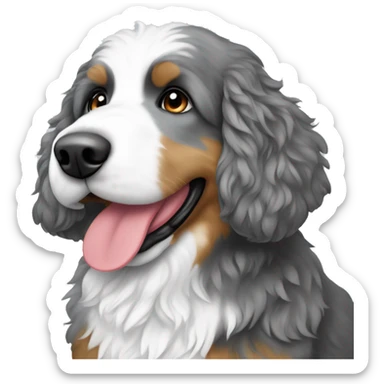 Gray and white Bernedoodle hearing a Santa hat sticker