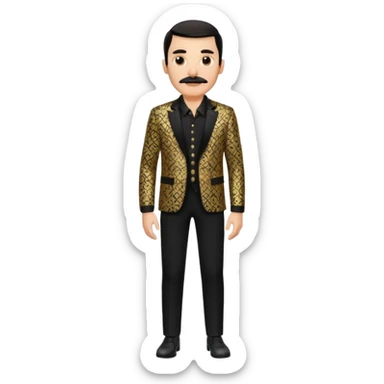 man with a mustache and slicked-back hair, dressed in a luxurious black and gold patterned jacket, black pants, and black shirt, standing with hands in pockets sticker