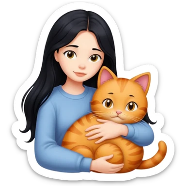 A beautiful girl with long black hair hugs a Garfield cat sticker