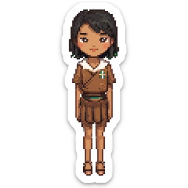 brown Samoan skinny girl with slight Chinese features, black short hair just below the shoulders, neutral expression, pixel art style sticker