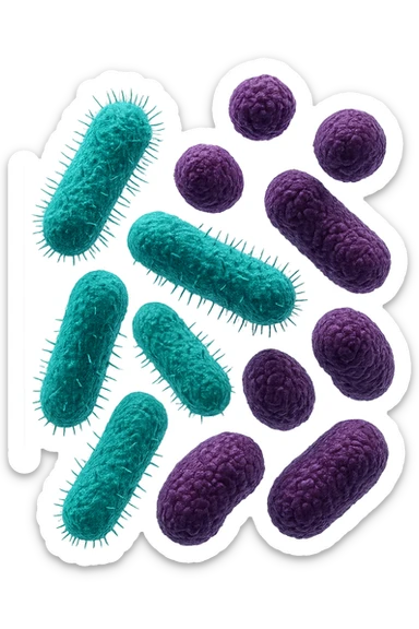 5 BATTERI BUONI E 5 BATTERI CATTIVI FLUTTUANO IN ARIA, I BATTERI BUONI FALLI TURCHESI, I BATTERI CATTIVI FALLI VIOLA, IPERREALISTICO 4K, NON DISEGNATO sticker