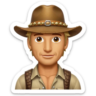 Cinematic Realistic Crocodile Dundee Pop Culture Emoji, depicted with rugged charm and adventurous spirit rendered with lifelike detail and cinematic lighting. sticker