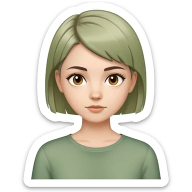 White girl with short wolfcut hairstyle, brown eyes, straight hair, wearing a sage green top sticker