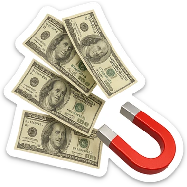 cinque banconote fluttuano in aria attratte da una calamita rossa, iperrealistica 4k, isolato su sfondo bianco sticker