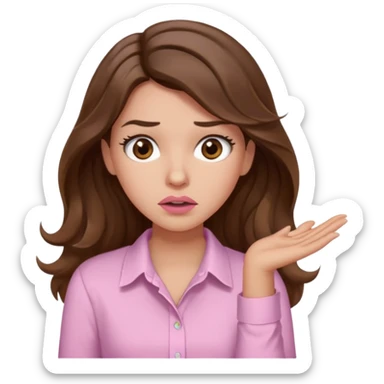 girl with wavy long brown hair, brown eyes, light to medium complexion, long lashes, light pink lipstick, wearing light pink shirt, shrugging, confused sticker