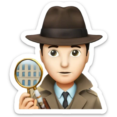 A colorful collage featuring iconic detective elements—magnifying glass, a fedora hat, a cigarette, a shadowy figure, and a mysterious city backdrop, a board with photos of suspects. Include subtle clues like fingerprints or a crime scene. Retro movie poster style. Transparent background. sticker