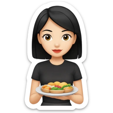 waitress with black hair and a food plate with a black tshirt sticker