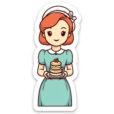 Charming British girl in vintage dress having afternoon tea with fancy teacup, scones and cake stand sticker