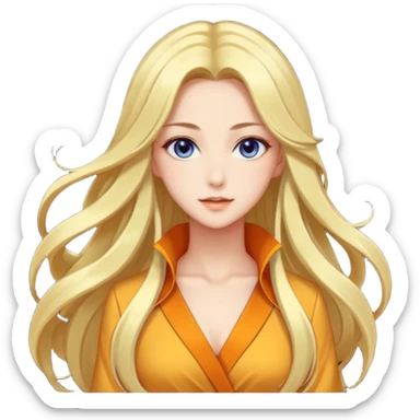 Elegant beautiful woman, long flowing hair, glowing skin, captivating eyes, fashionable outfit, dreamy light, detailed anime-style, vibrant colors, transparent background sticker