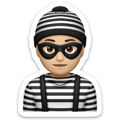 an emoji depicting a robber wearing a black-and-white striped shirt, a black mask, and a beanie sticker
