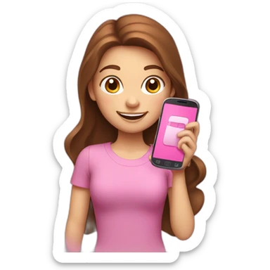 girl with brown hair, white skin, smiling and holding a pink cell phone in her hand sticker