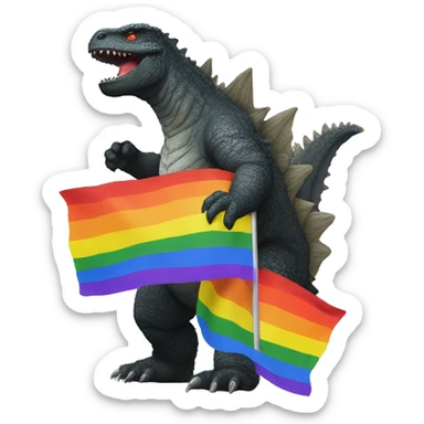 Godzilla playing with a rainbow flag sticker