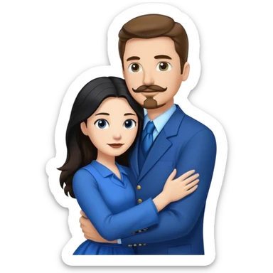 tall white man with brown hair goatee mustache hugging a pale woman with long black hair, wearing blue formal clothing sticker