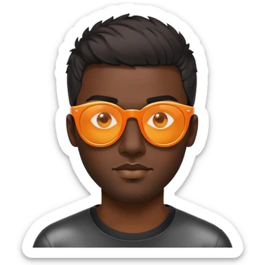 đàn ông 30 tuổi, da đen, tóc ngắn phong cách disco, đeo kính râm màu cam đen trong suốt nhìn thấy mắt, mặt ngầu sticker