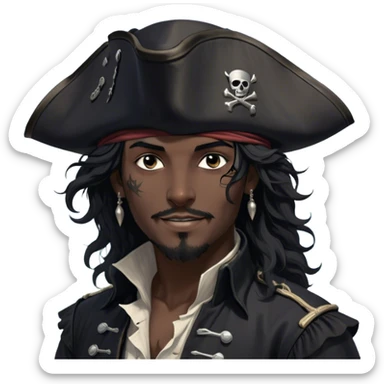 A charismatic pirate with wavy black hair that falls just past his shoulders, tousled slightly by the sea breeze. He wears a black tricorn hat with subtle silver embroidery along the edges, casting a shadow over his sharp, confident features. His piercing dark eyes glint with mischief as he gazes to the side, a knowing smile playing at his lips. His well-fitted black coat, adorned with polished silver buttons and intricate stitching, moves slightly with the wind, revealing glimpses of a deep-crimson waistcoat underneath. A silver chain dangles from his belt, catching the dim golden light of the setting sun. His posture is relaxed yet assured, exuding effortless charm as if he owns the sea itself. sticker