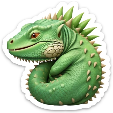 Meme-Worthy Cute Sleeping Iguana Portrait Emoji, Head resting peacefully with a contented smile, showcasing a solid, textured body with a subdued spiky crest and eyes gently closed in serene slumber, Simplified yet adorably endearing features, highly detailed, glowing with a soft, drowsy jungle light, high shine, relaxed and utterly lovable, stylized with an air of playful laziness, soft glowing outline, capturing the essence of a sleeping iguana that feels destined to become the next viral icon of adorable rest! sticker