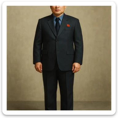 Official portrait of a North Korean man, head of the hull production workshop at a shipyard, serious and formal style, dark suit, neutral background, confident and focused expression, style inspired by Soviet and North Korean official portraits, full body, not cropped, head not cut off, head and feet fully in frame, variation 3 sticker