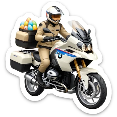 BMW RT1200 LC touring motorcycle with rider on open road in a forest with easter eggs sticker