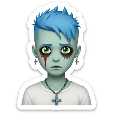 zombie boy with spiky emo blue hair and white shirt , tattos, a risk on the eyebrow, earings,  a necklace with a cross, green skin emoji  sticker