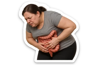 DONNA LEGGERMENTE SOVRAPPESO PIEGATA IN AVANTI CON INTESTINO ANATOMICO IN EVIDENZA, MAL DI PANCIA iperrealistico 4k sticker