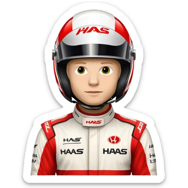 Kevin Magnussen, Formula 1 driver for Haas team, wearing white and red Haas racing suit and helmet sticker