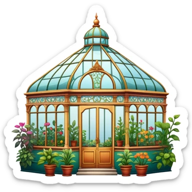 Outside view of an aesthetically pleasing, vintage, maximalist greenhouse sticker