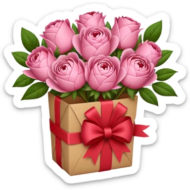 Bouquet of pink flower like rose and peony wrapped in kraft paper with red bow sticker