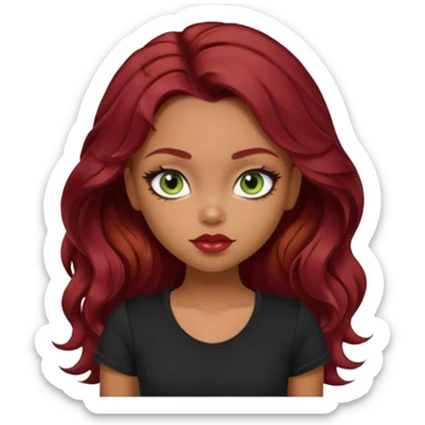 a pretty fair bratz girl with wavy dark red hair, wearing a black tee. eyeliner on, olive green eyes. Till Waist \ sticker