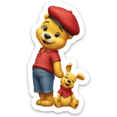 white winnie the pooh, parisien style with red beret on hair and baguette 🥖  on arms, in front of eiffel tower sticker