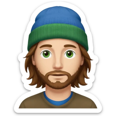 white man
aged 40
Blue eyes, 
mid length brown wavy hair
Green beanie hat sticker