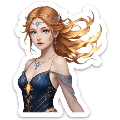 A fierce yet ethereal female High Fae with golden-brown hair cascading down her back, streaked with hints of sunlit gold. Her sharp, striking blue-gray eyes hold an unyielding fire. She wears a flowing black gown with constellations embroidered in silver thread, draping elegantly over her graceful frame. Her delicate hands bear golden tattoos, symbols of ancient magic binding her fate sticker