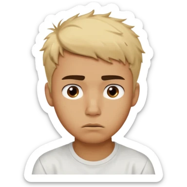 caramel skin color. Teen age. Short buzz, messy blonde hair, dark brown bushy eyebrows large expressive golden-brown eyes, brown skin color, scar over nose, wearing a plain white t-shirt. 20 year old male. Disappointed thinking facial expression. caramel skin color.  sticker