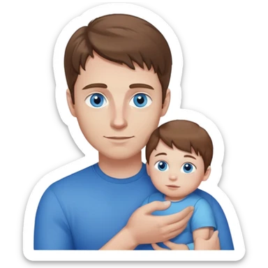 A white man brown hair, blue eyes with a small child with fair hair and blue eyes in his arms is peeping, the emphasis is on the eyes, white skin sticker