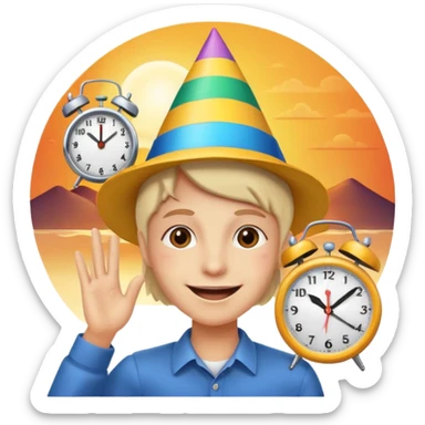 party face, alarm clock, sunset sticker